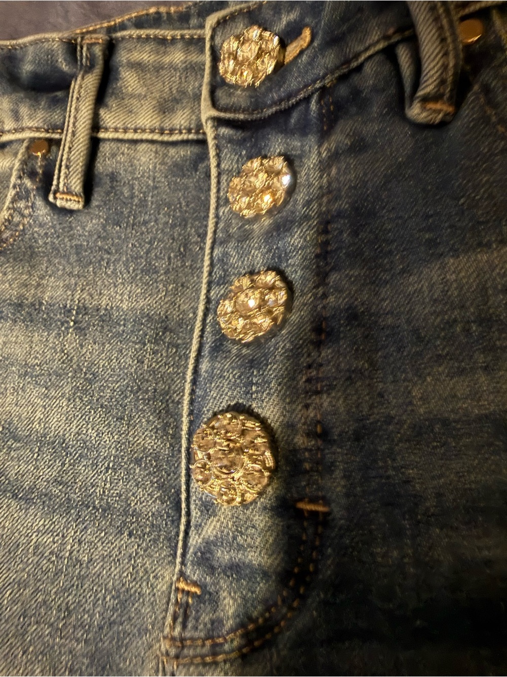 White House Black Market High-Rise Blue Denim Jeans with Decorative Gold Buttons - Picture 2 of 2
